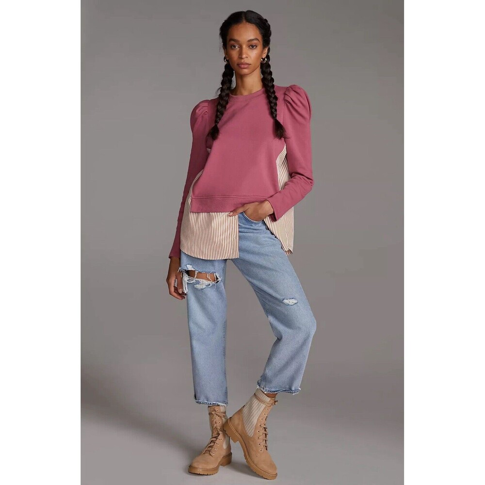 Maeve Layered Tunic Sweatshirt Large Pink Puff Sleeve Shirt Tail Anthropologie